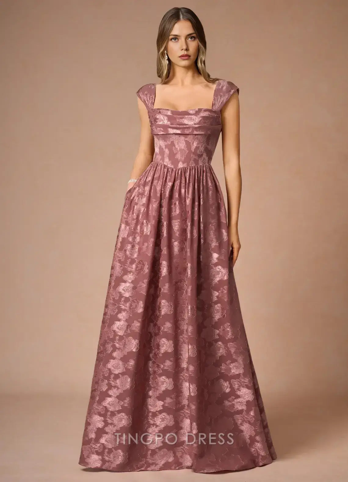 Elegant Square Neck Floral Jacquard Maxi Dress with Lace - Up Back and Pockets Prom Dress